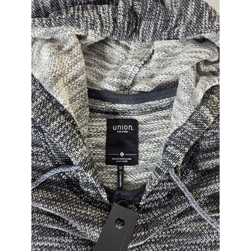 Union Mens Hoodie Size M Henley Button Neck Space Dye Black White Knit Pullover